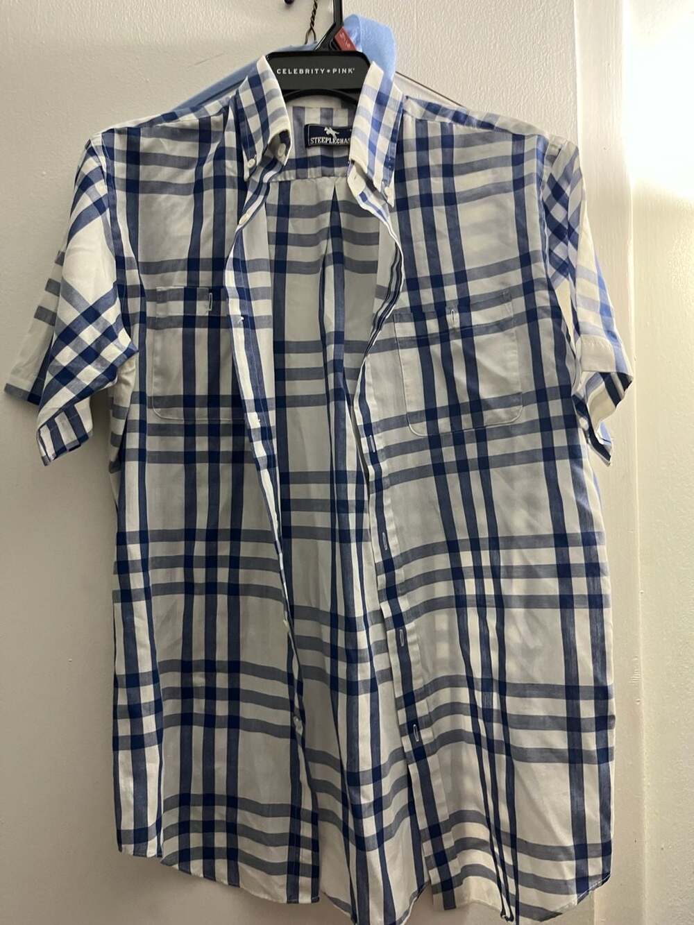 Steeplechase Men's Blue and White Plaid Short Sleeve Button-Down Shirt